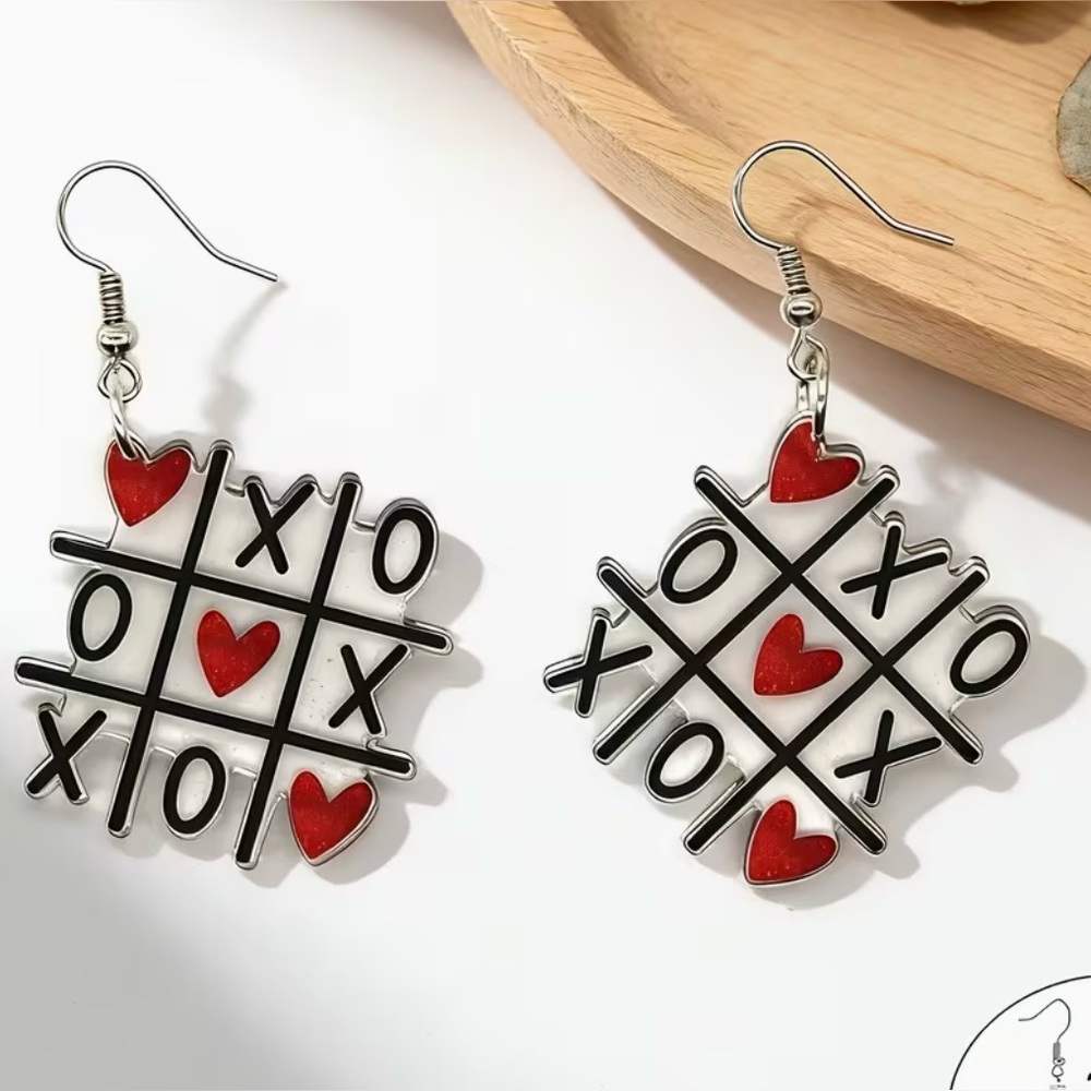 XO Love Heart Red & Black Acrylic Dangle Earrings Modern New